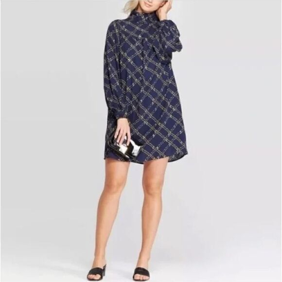 WHO WHAT WHERE Blue/Gold Chain Print Long Sleeve High Collar Dress Size XS - Picture 1 of 10